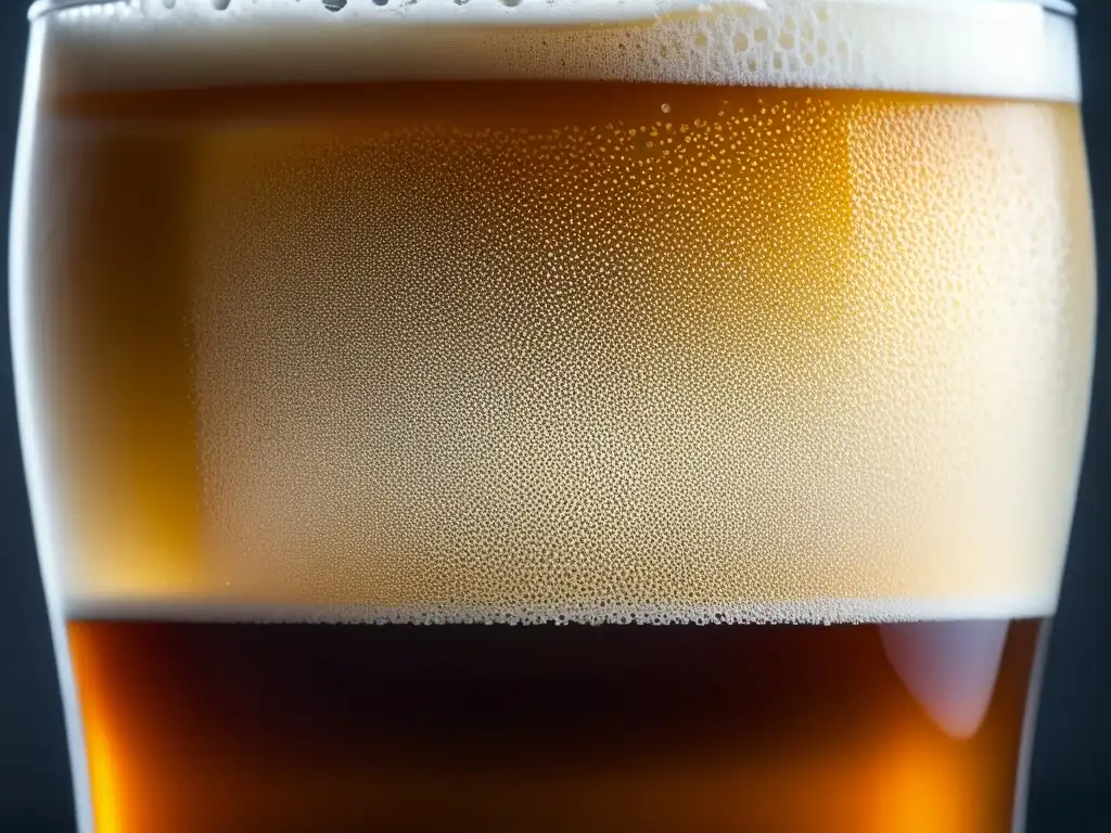 Cerveza inglesa ambarina con espuma cremosa Cerveza inglesa ambarina con espuma cremosa y burbujas, en vaso pint, condensación en vidrio