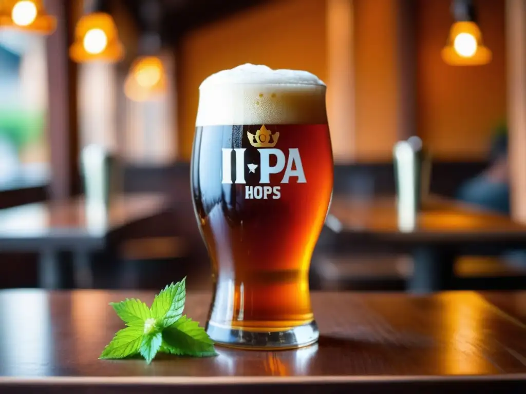 Cerveza IPA dorada con espuma blanca Ruta por India: Cerveza IPA ámbar con espuma blanca y adornos de lúpulo y cítricos en mesa de madera tallada