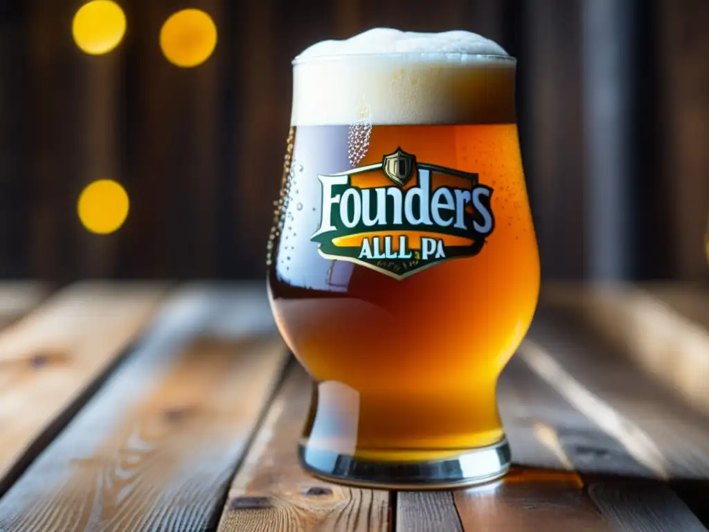 Imagen detallada de una cerveza Founders All Day Session IPA en una mesa de madera rústica