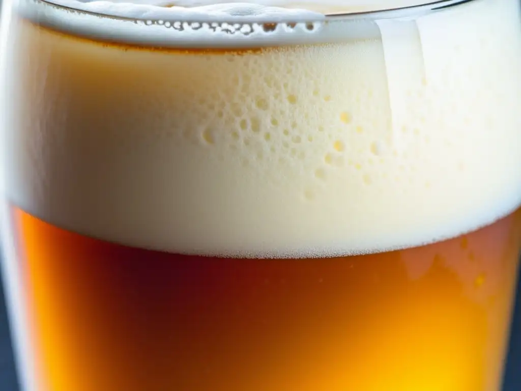 Cerveza IPA dorada con espuma cremosa y efervescencia, resaltando su textura y atractivo