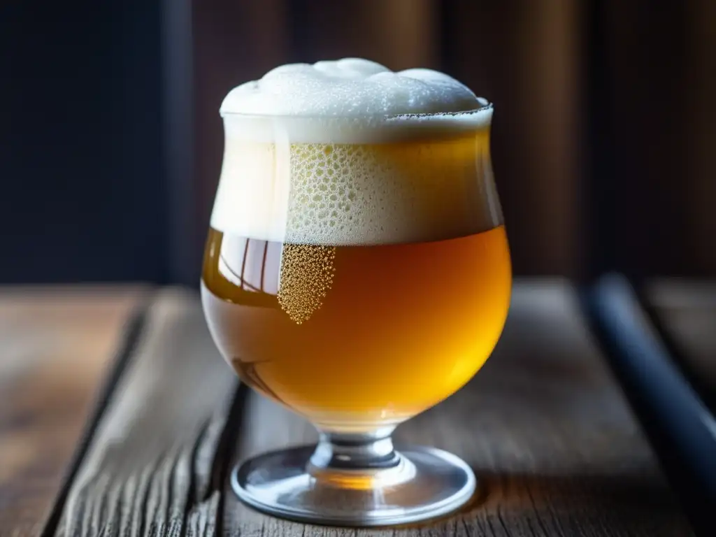Refrescante IPA servida en copa elegante IPA recién servida en copa tulipa con espuma cremosa, rodeada de frutas tropicales