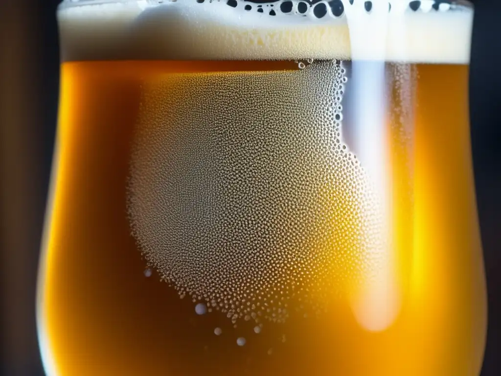 Cerveza IPA fría dorada con burbujas y una espuma densa y elegante Cerveza Cold IPA dorada con burbujas y espuma en un vaso, reflejando la luz y con un acabado elegante