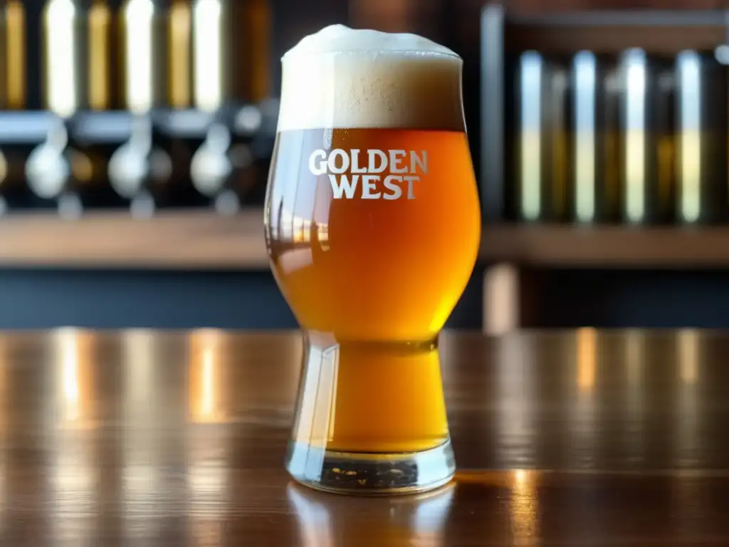 Cerveza West Coast IPA: vibrante color y espuma cremosa, con ingredientes en mesa de madera