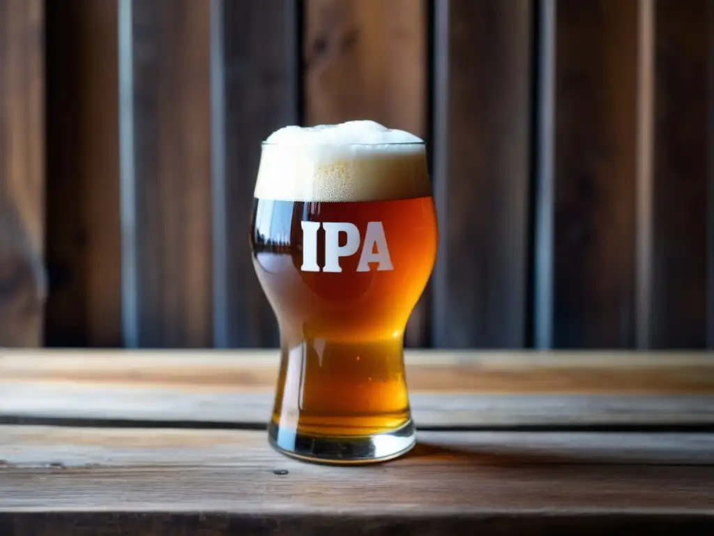 Cerveza IPA dorada con espuma cremosa Cerveza artesanal Inglaterra: IPA ámbar con espuma blanca cremosa y condensación en vidrio