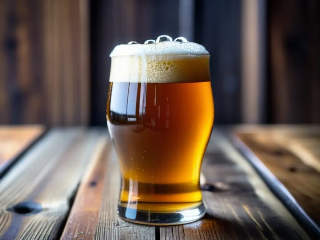 Cerveza India Pale Ale (IPA) dorada, con espuma cremosa y detalles burbujeantes, sobre mesa de madera rústica