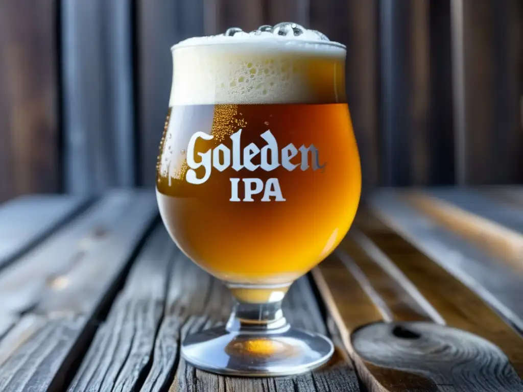 Cerveza Session IPA dorada en vaso sobre mesa de madera rústica, con condensación y espuma blanca -