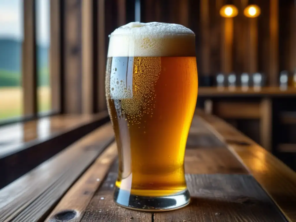 Cerveza IPA dorada en vaso de vidrio Cerveza IPA dorada con burbujas, condensación y textura en mesa de madera rústica - Estilos básicos