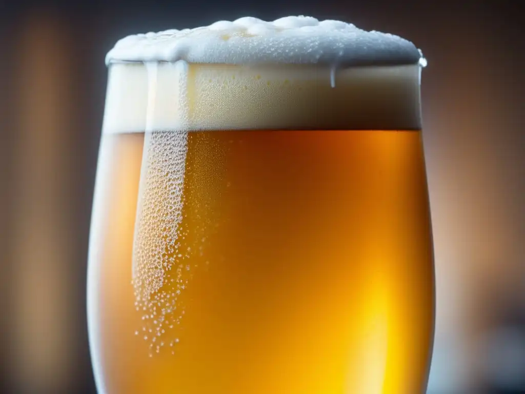 Cerveza dorada y espumosa con condensación Cerveza IPA con procesos fríos, condensación y espuma blanca, burbujas y notas cítricas