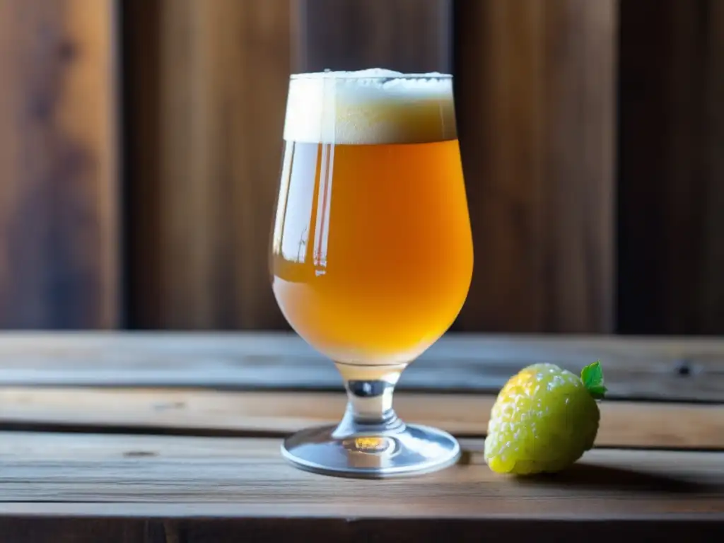 Cerveza IPA dorada con espuma cremosa Cerveza Sour IPA con color vibrante, espuma cremosa y toques cítricos y herbales