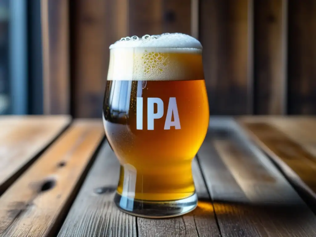 Cerveza Sour IPA vibrante en vaso de vidrio Imagen detallada de una Sour IPA vibrante en una mesa de madera rústica