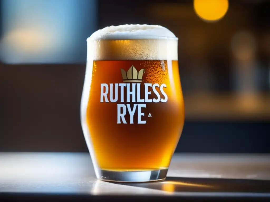 Cerveza artesanal Ruthless Rye IPA Cerveza Ruthless Rye IPA, con espuma dorada y burbujas de carbonatación, en vaso de vidrio mate