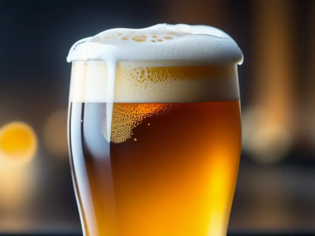 Cerveza IPA dorada y espumosa Cerveza IPA dorada con whirlpool técnica y espuma cremosa en vaso sobre mesa de madera