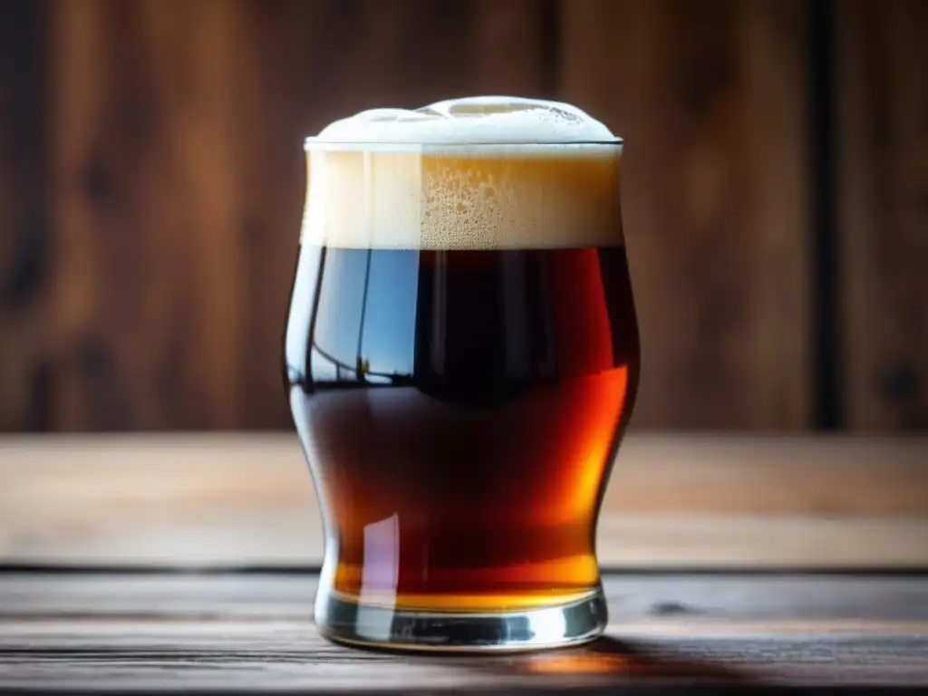 Vaso de cerveza Irish Ale en mesa de madera, con espuma cremosa y burbujas efervescentes