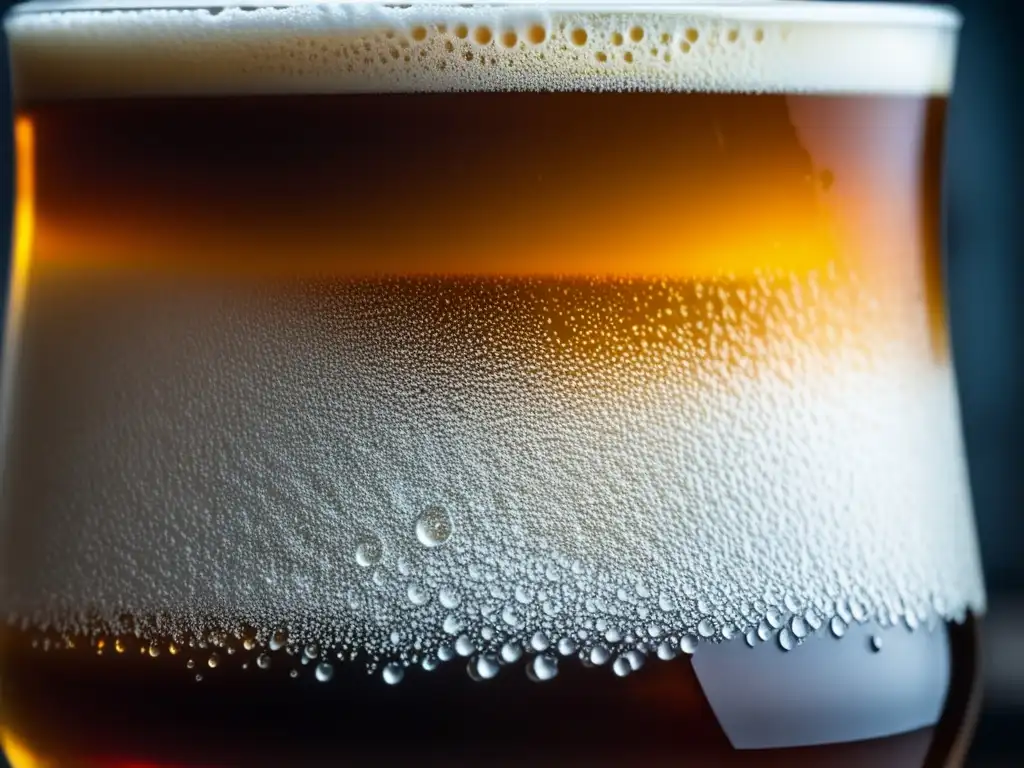Vaso de cerveza irlandesa ámbar con condensación y burbujas efervescentes