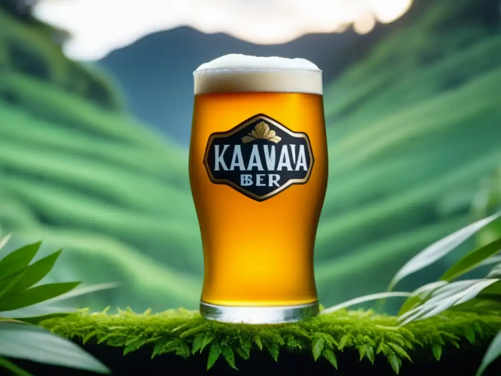 Cerveza de kawakawa dorada en vaso Cerveza Maori con kawakawainfusión dorada en Nueva Zelanda