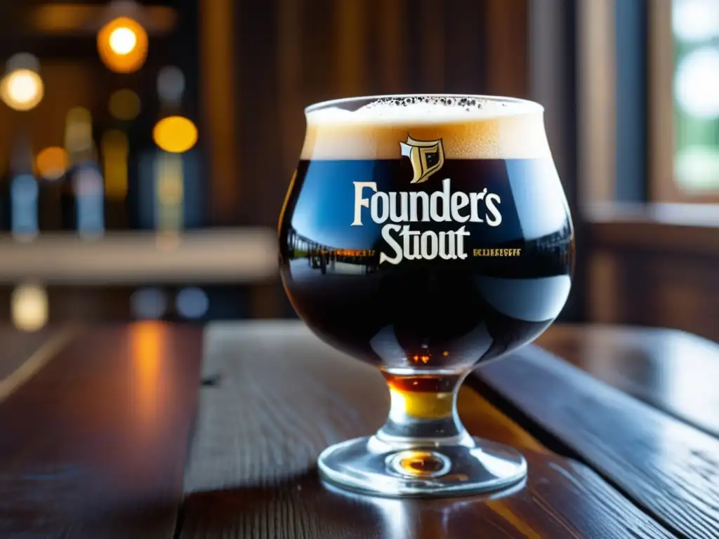 Cerveza artesanal de lujo Detallada imagen de una cerveza Founders Kentucky Breakfast Stout en vaso snifter, con color oscuro y textura cremosa