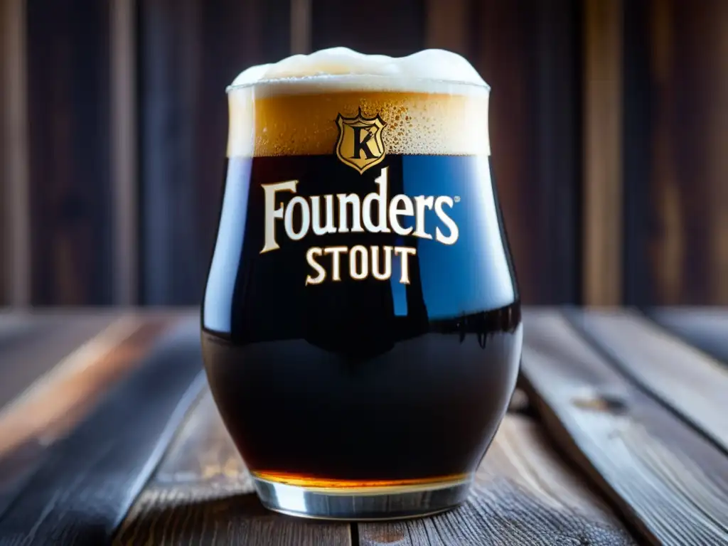 Cerveza Kentucky Breakfast Stout en copa de vidrio Ultra detalle de cerveza Stout Kentucky Breakfast en un vaso, con espuma cremosa y condensación en una mesa rústica
