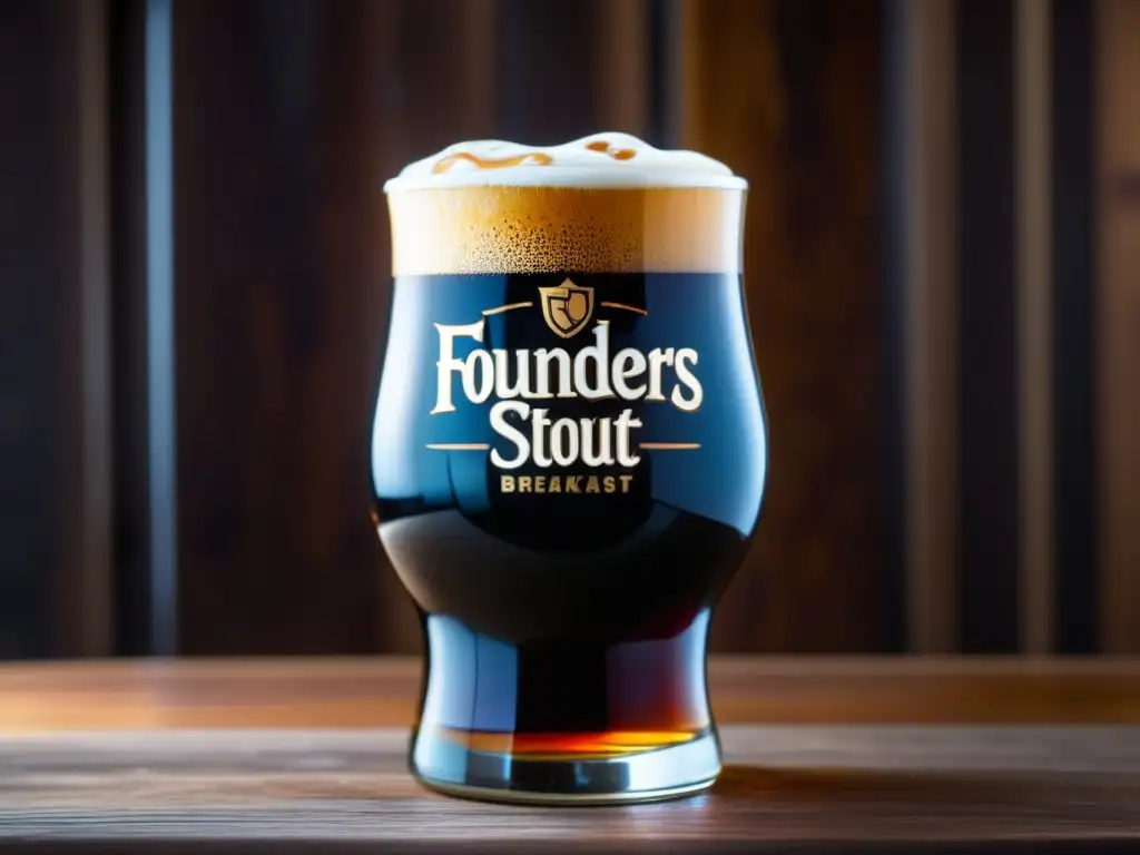 Detallada imagen de cerveza artesanal en vaso Imagen detallada de una cerveza Kentucky Breakfast Stout en un vaso lleno, con espuma y condensación, sobre una mesa de madera