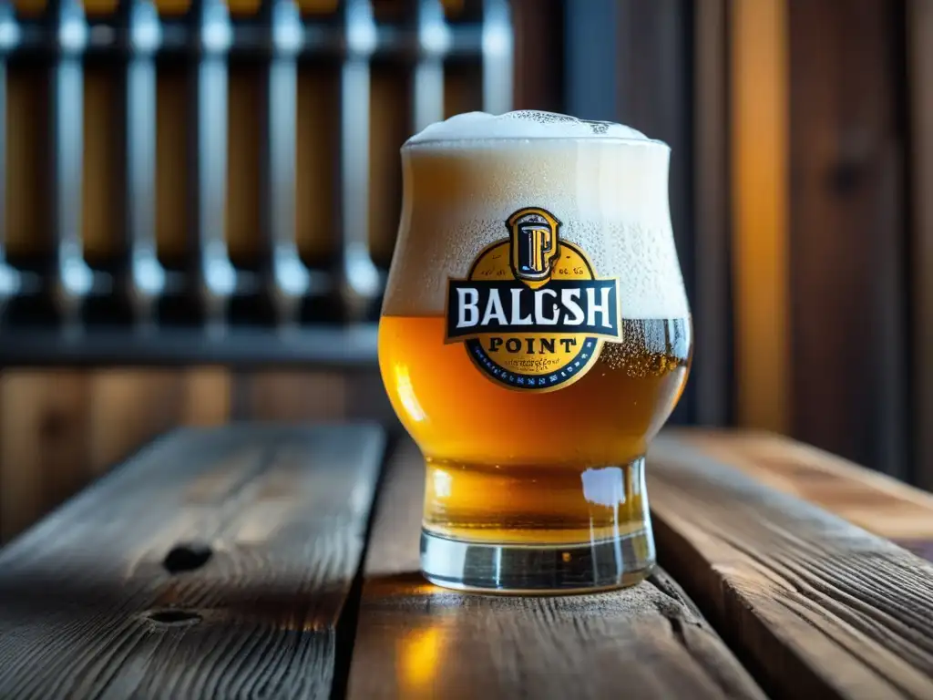Cerveza Kölsch de Ballast Point en vaso de cristal, con burbujas efervescentes y condensación, en mesa de madera