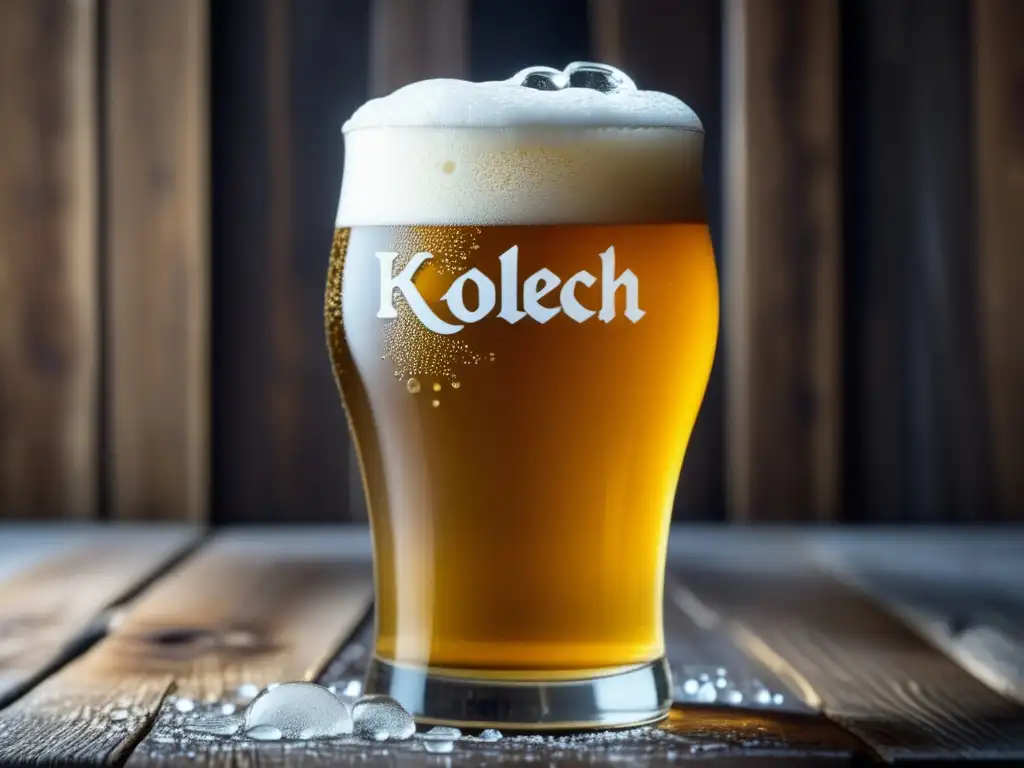 Cerveza Kölsch dorada y refrescante Cerveza Kölsch dorada con espuma blanca en una mesa de madera rústica