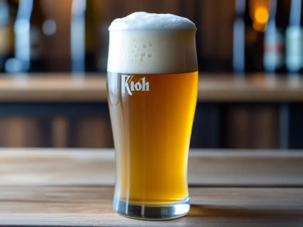 Cerveza Kölsch en mesa de madera Cerveza Kölsch en vaso tradicional, dorada y refrescante con detalles de luz y textura en mesa de madera