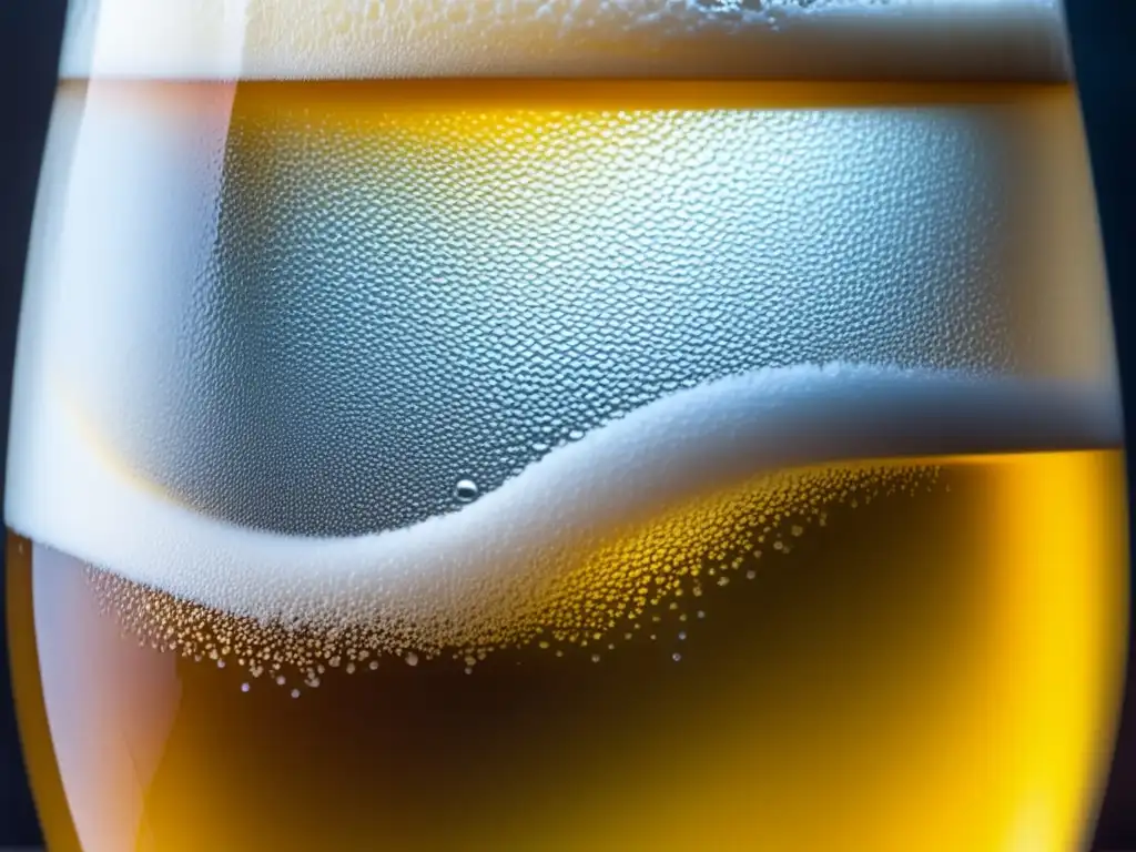 Detalle de una cerveza Lager dorada en vaso helado, con burbujas, textura y espuma blanca