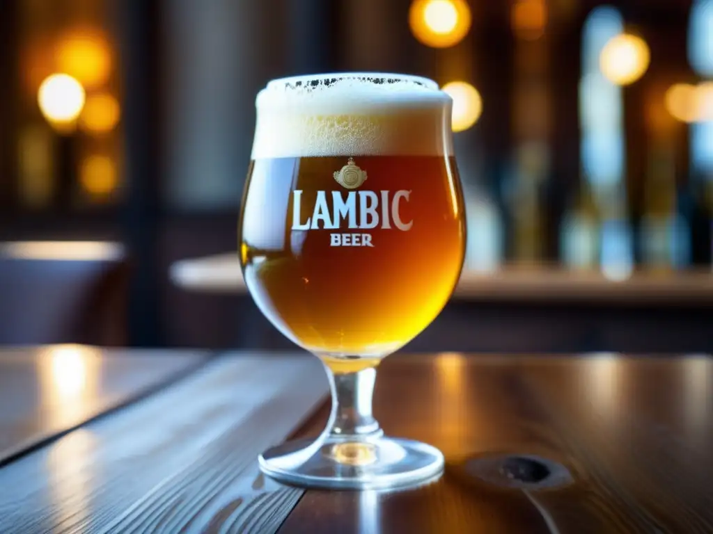 Cerveza Lambic dorada y vibrante Delicioso Lambic dorado en vaso con burbujas y condensación