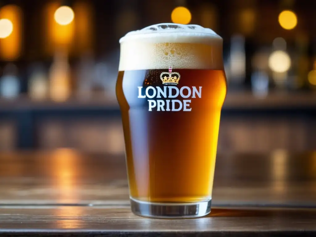 Cerveza dorada con burbujas y espuma en vaso de pinta Pinta de London Pride, cerveza inglesa amarga, en mesa de madera rústica