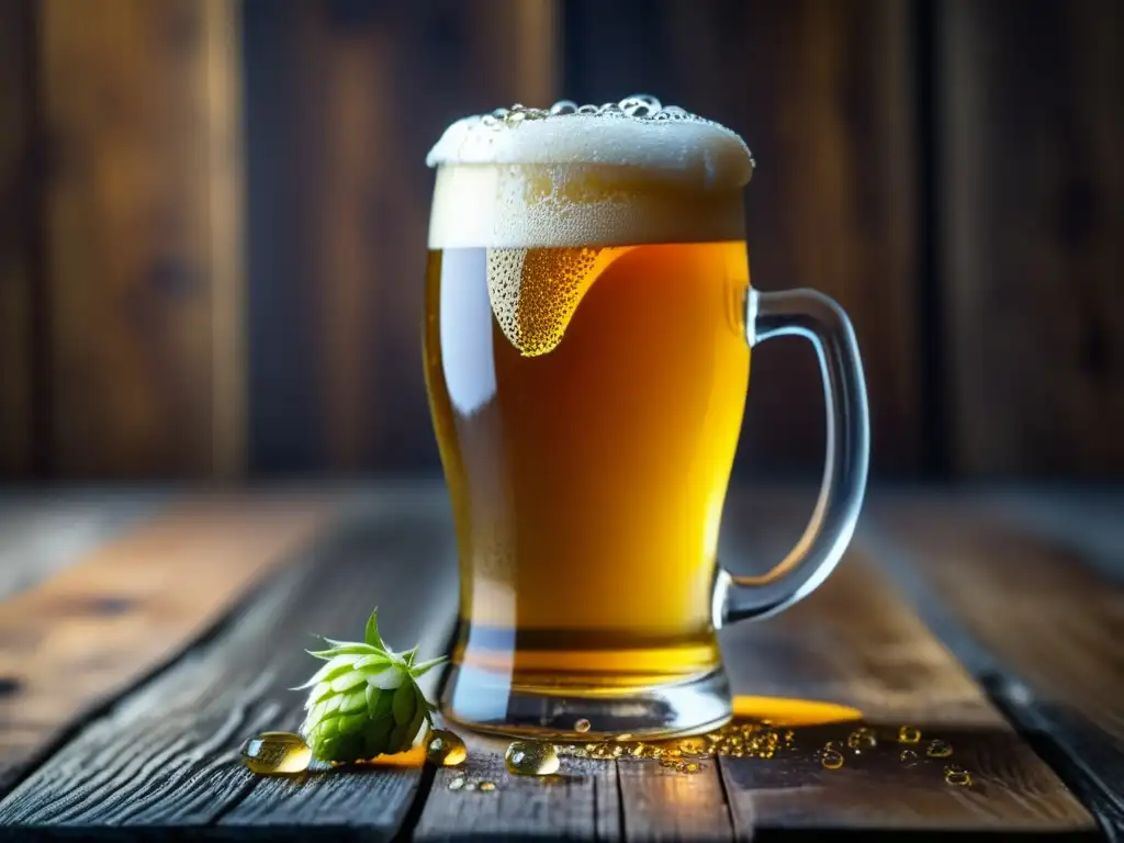 Cerveza dorada con lúpulos en vaso Cerveza dorada con lúpulo, condensación y madera - Léxico cervecero