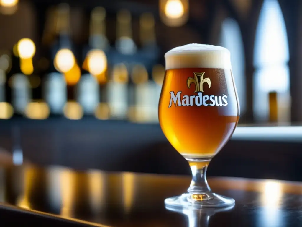 Cerveza Maredsous 10 Abbey Ale, color ámbar y espuma cremosa -