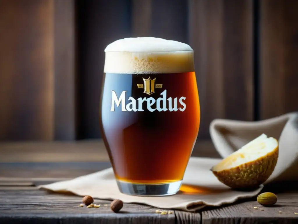 Cerveza Maredsous 10 Abbey Ale: color ámbar, espuma blanca, mesa de madera rústica, malta y lúpulo, ambiente cálido