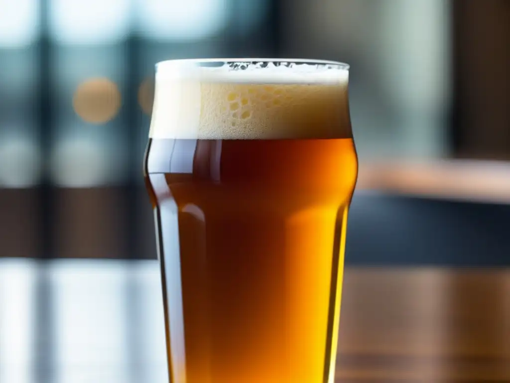 Cerveza Mastra English Pale Ale perfectamente servida The image shows a perfectly poured Mastra English Pale Ale in a tall glass, showcasing its rich amber color and frothy head