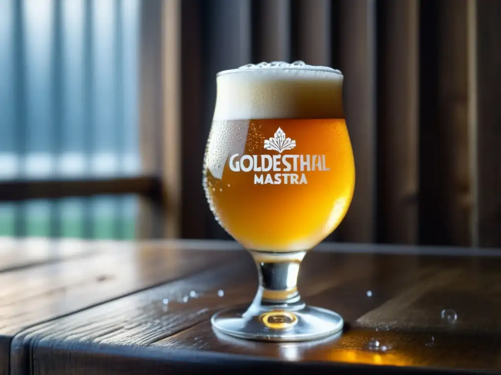 Cerveza dorada en vaso helado Cerveza Mastra English Pale Ale en vaso helado sobre mesa de madera rústica con condensación y burbujas doradas