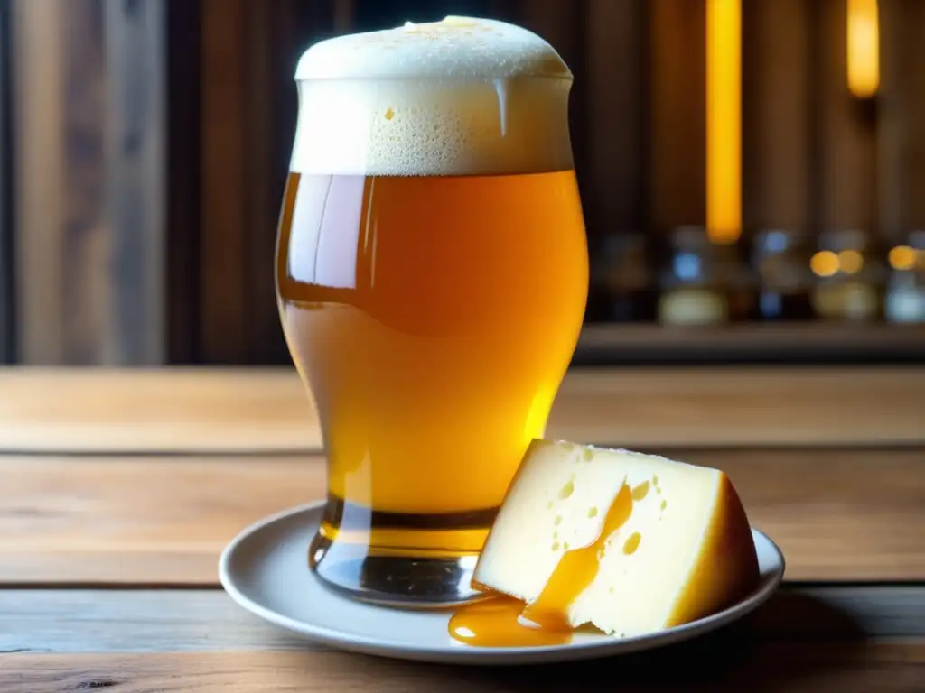 Pintura detallada de cerveza Nortña Honey en vaso, con quesos y frutas