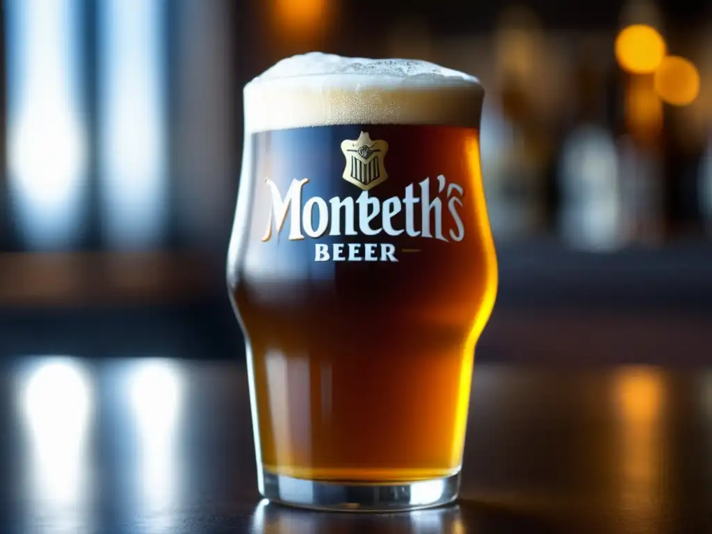 Un vaso de cerveza Monteith's dorada con condensación, espuma y detalles sofisticados