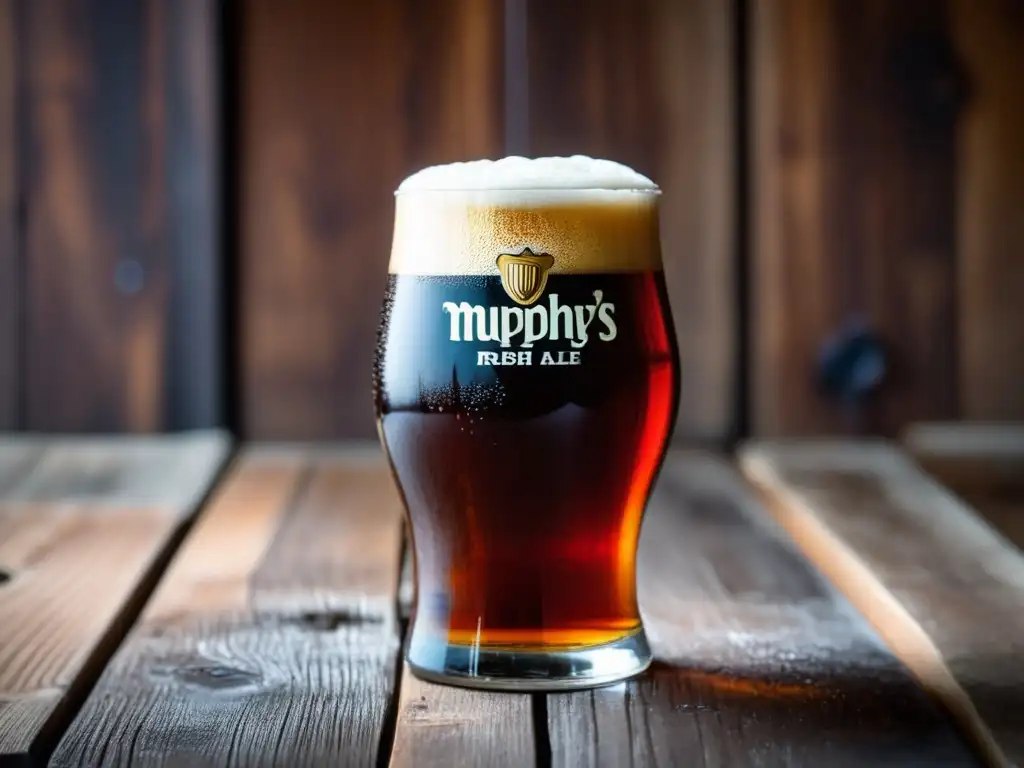Cerveza Murphy's Irish Red: Color ámbar y espuma cremosa Cerveza Red Ale con espuma cremosa, color ámbar y condensación en un vaso de vidrio en superficie de madera rustica
