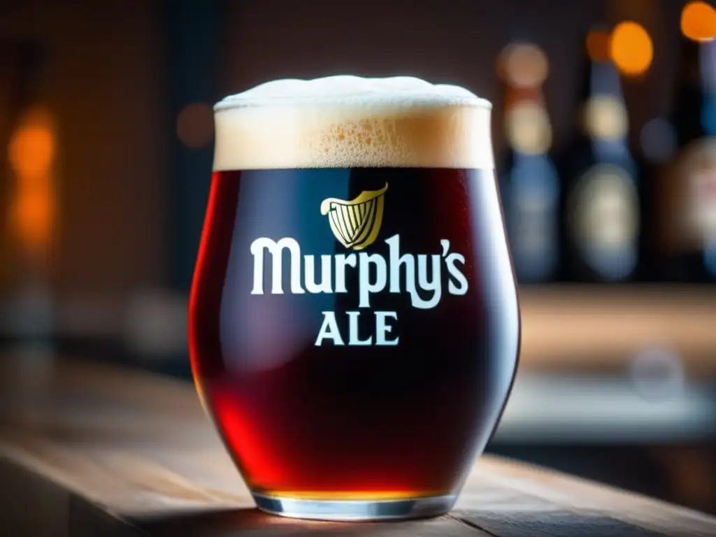 Cerveza Murphy's Irish Red: vibrante color rojo y espuma cremosa Vaso de cerveza Murphy's Irish Red Ale, color rojo vibrante y espuma cremosa -
