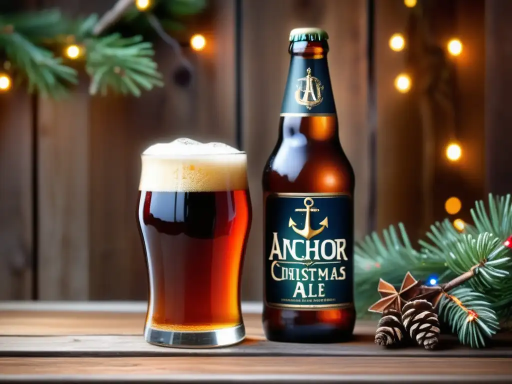 Cerveza Anchor Christmas Ale en vaso Detalle de una cerveza Anchor Christmas Ale vertiéndose en un vaso de vidrio sobre una mesa de madera rústica con ramas de pino y luces brillantes