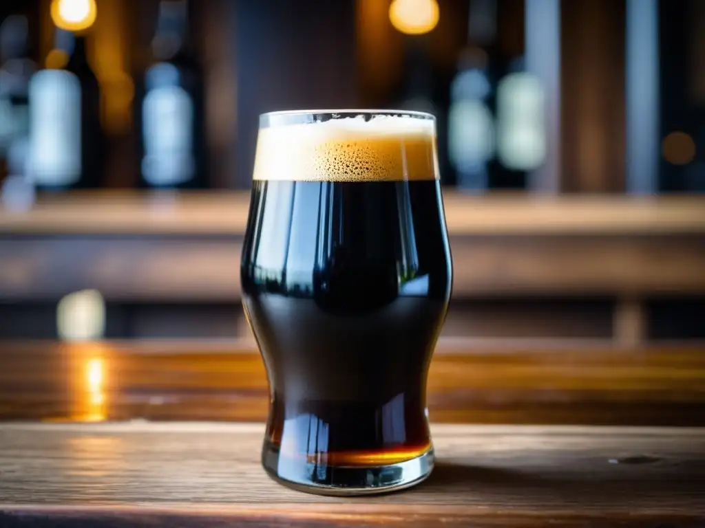 Una imagen de Foreign Extra Stout, una cerveza negra y cremosa, en una mesa de madera rústica