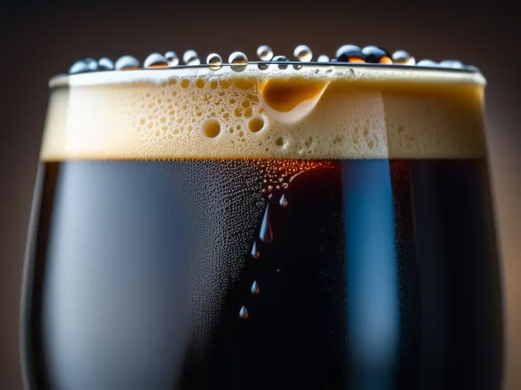 Cerveza negra con espuma cremosa Cerveza stout casera: vaso con cerveza oscura y espuma cremosa, gotas de condensación en mano