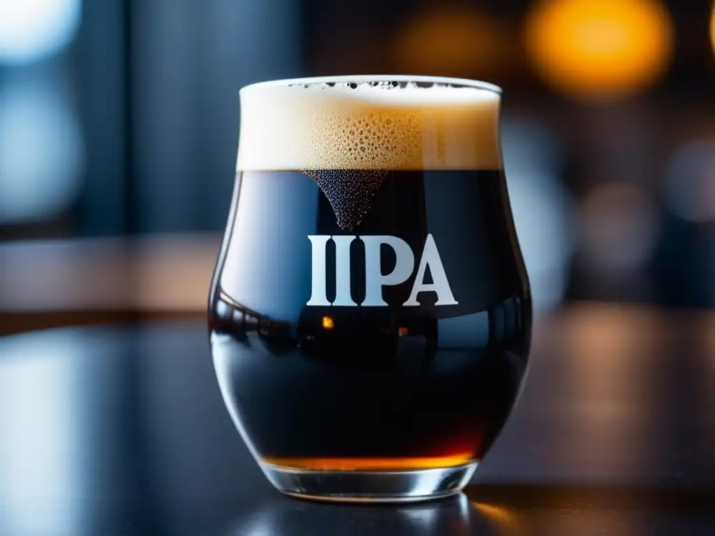 Cerveza Black IPA perfectamente servida en vaso elegante Black IPA perfectamente vertida en vaso de marca, con espuma cremosa y burbujas vivas en un entorno cálido y sofisticado