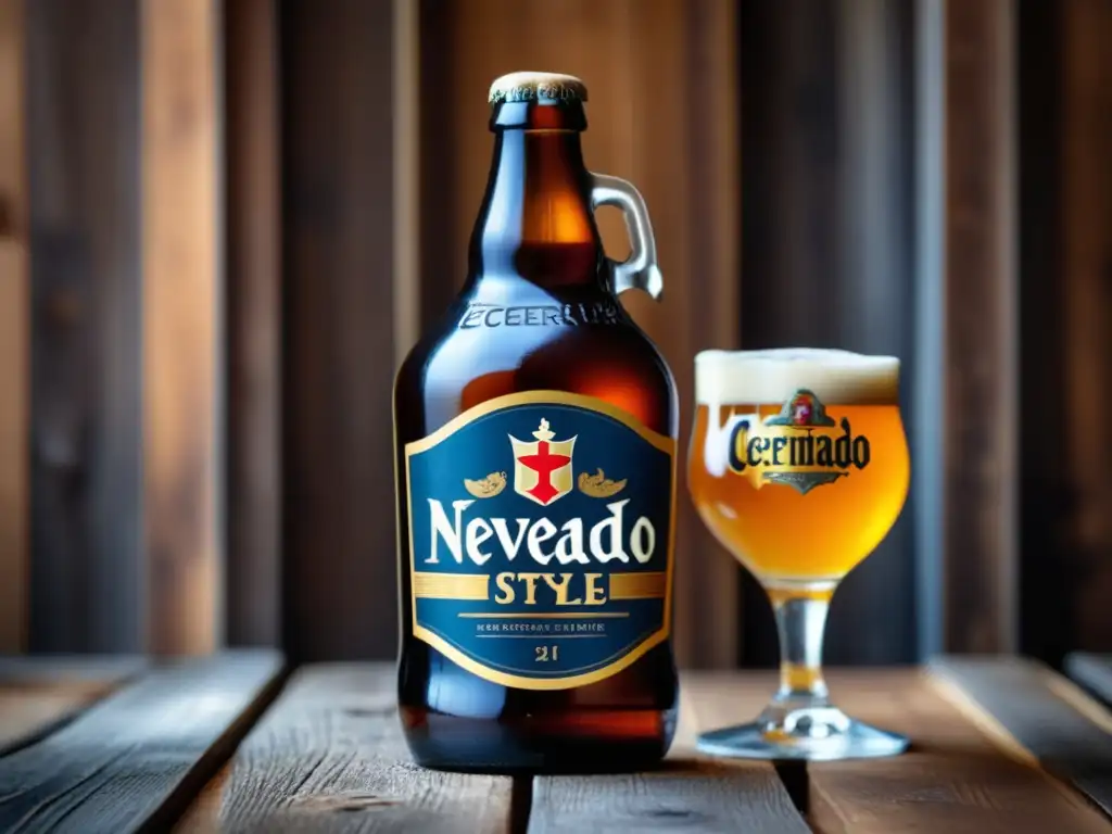 Botella elegante de Cervecería Nevado Botella de Cervecería Nevado Belgian Ale, elegante y artesanal, sobre fondo de madera rústica
