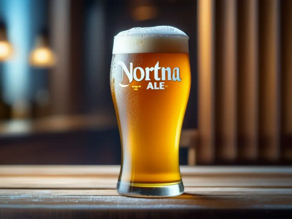 Golden Ale en una imagen de cerveza Nortña en mesa de madera, con burbujas, condensación y fondo de Río de la Plata