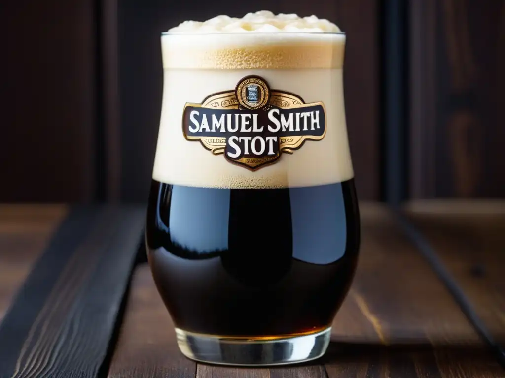 Cerveza negra y espumosa en mesa de madera Imagen detallada de una copa rebosante de la cerveza negra Stout de Samuel Smith, con espuma cremosa y burbujas destacadas