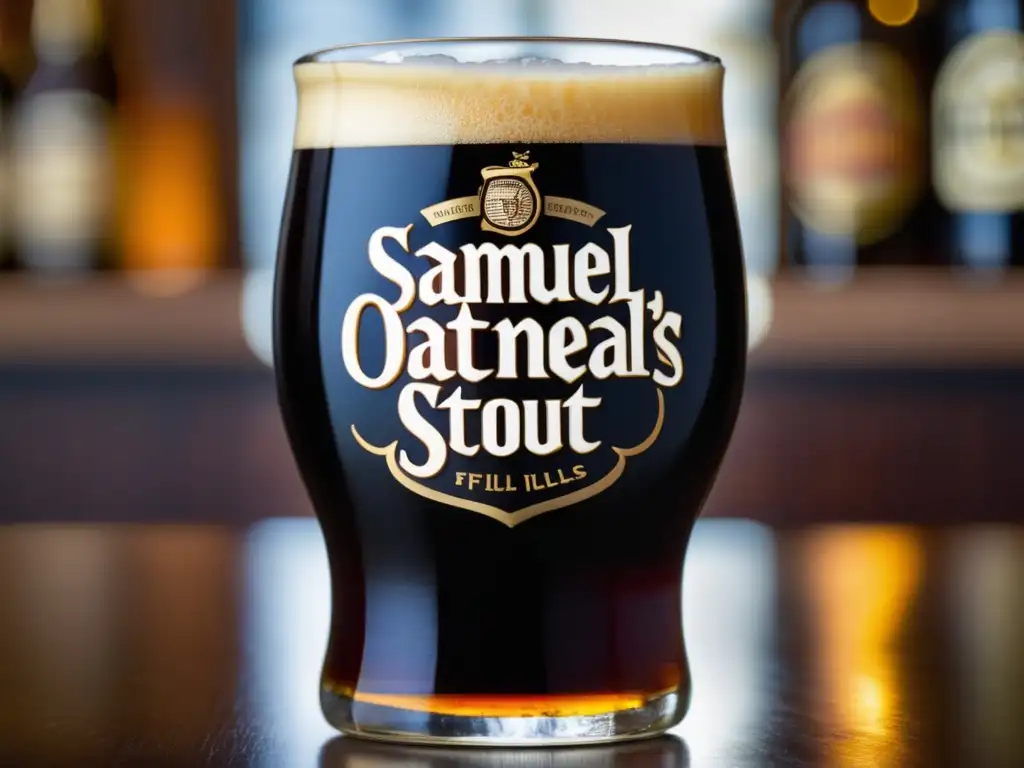 Cerveza Oatmeal Stout de Samuel Smith: oscuro y cremoso Una cerveza Oatmeal Stout de Samuel Smith, con textura suave y cremosa, de color marrón oscuro y burbujas en el vaso