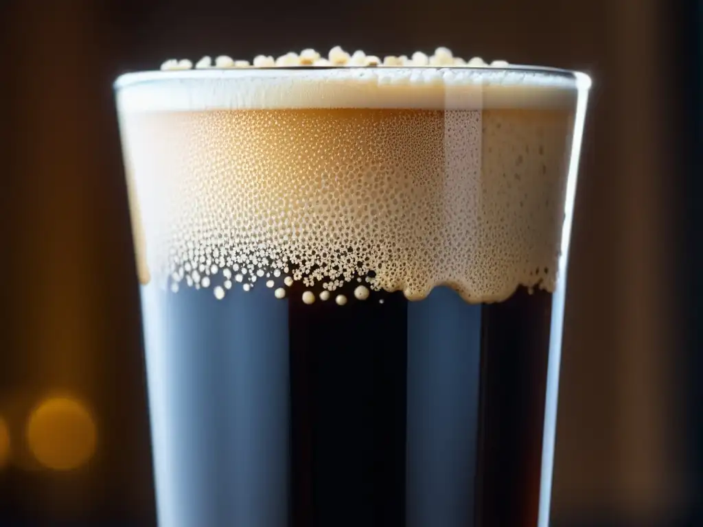 Cerveza Oatmeal Stout Samuel Smith Pintura de Oatmeal Stout: cerveza negra con espuma cremosa, burbujas y condensación