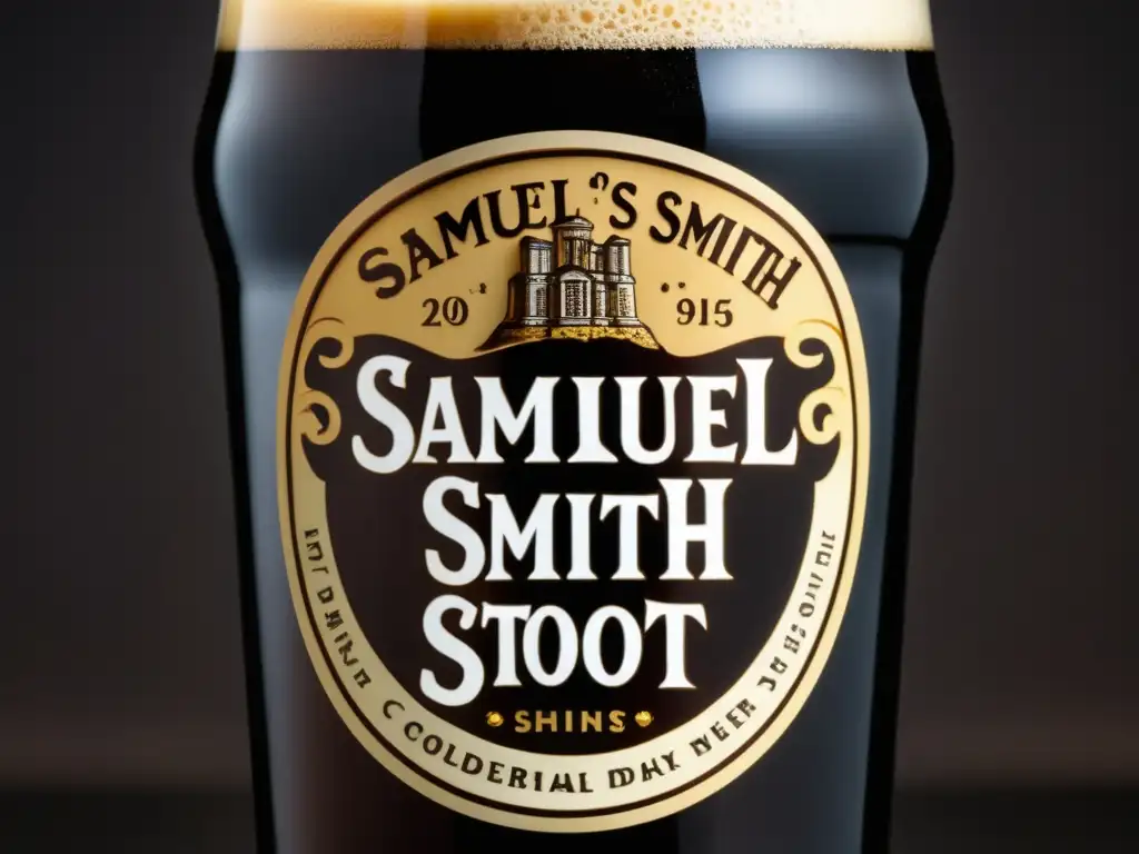 Cerveza Samuel Smith's Stout Cerveza Oatmeal Stout Samuel Smith: imagen detallada de una pinta llena con cerveza negra, cremosa y burbujeante