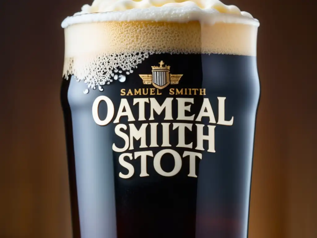 Cerveza oscura y cremosa en vaso helado Cerveza Oatmeal Stout, oscura y cremosa, con espuma tan y burbujas ascendentes