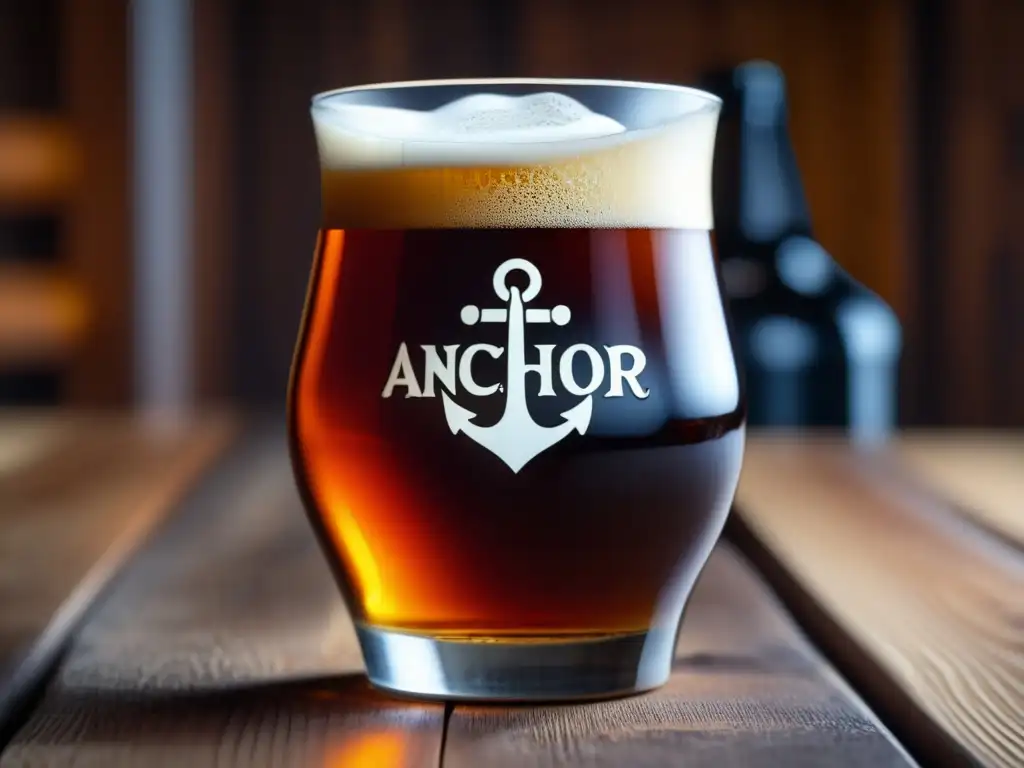 Detalle de vidrio de Anchor Old Foghorn barleywine sobre mesa de madera