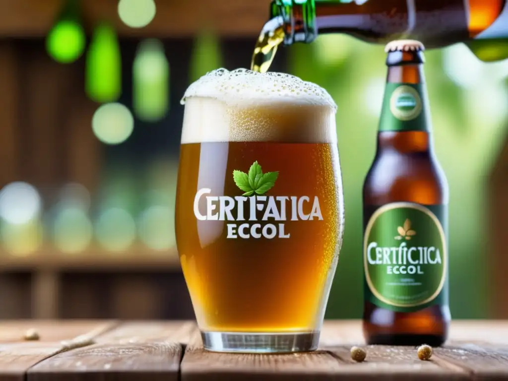 Una mano sostiene una cerveza orgánica con burbujas doradas